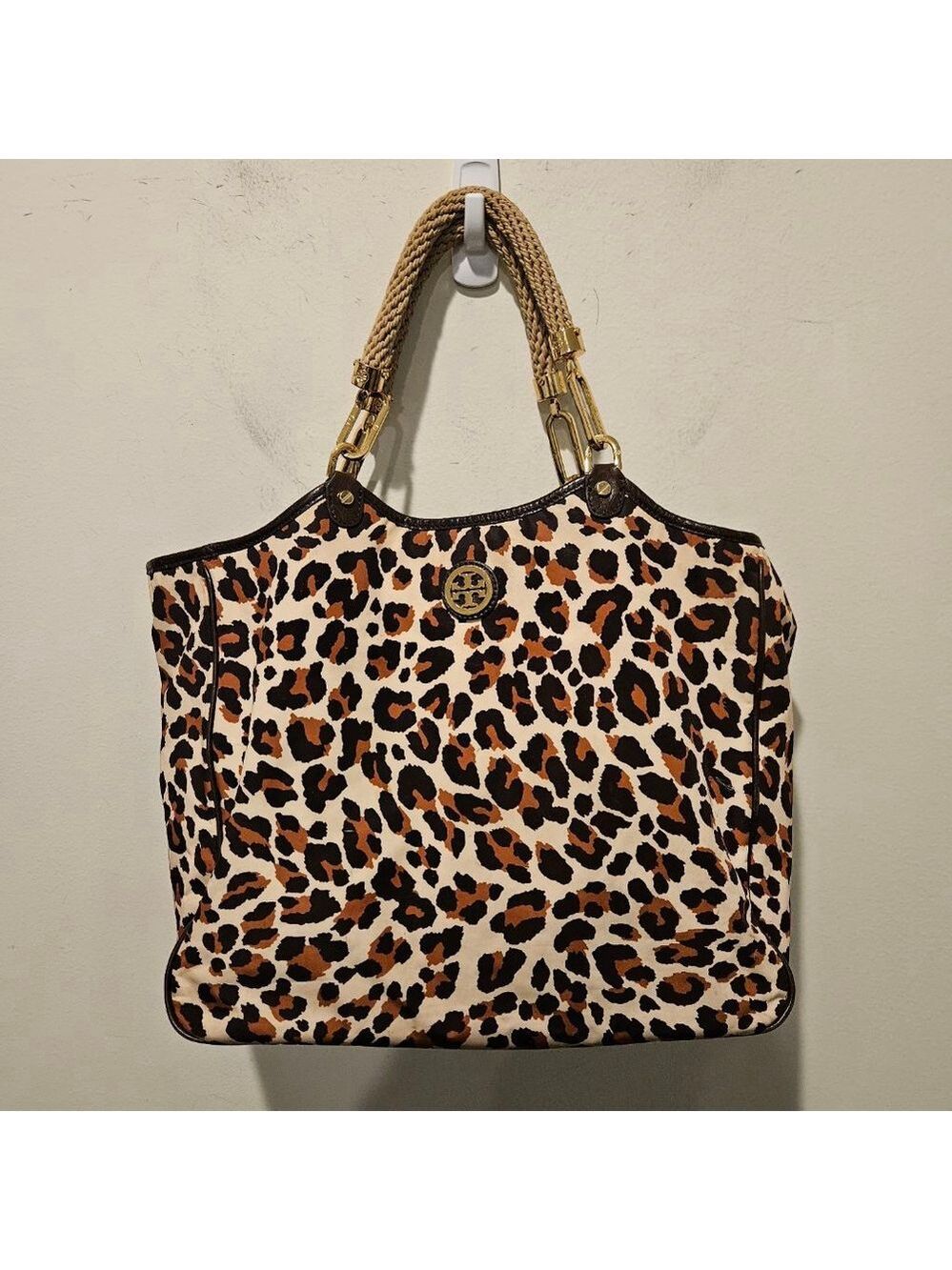 Women's Tory Burch Leopard Print Large Tote Bag Rope Handles Brown Beige - Picture 2 of 12